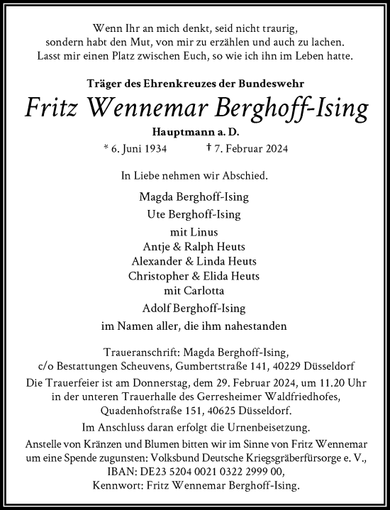 Traueranzeige von Fritz Wennemar Berghoff-Ising von Rheinische Post