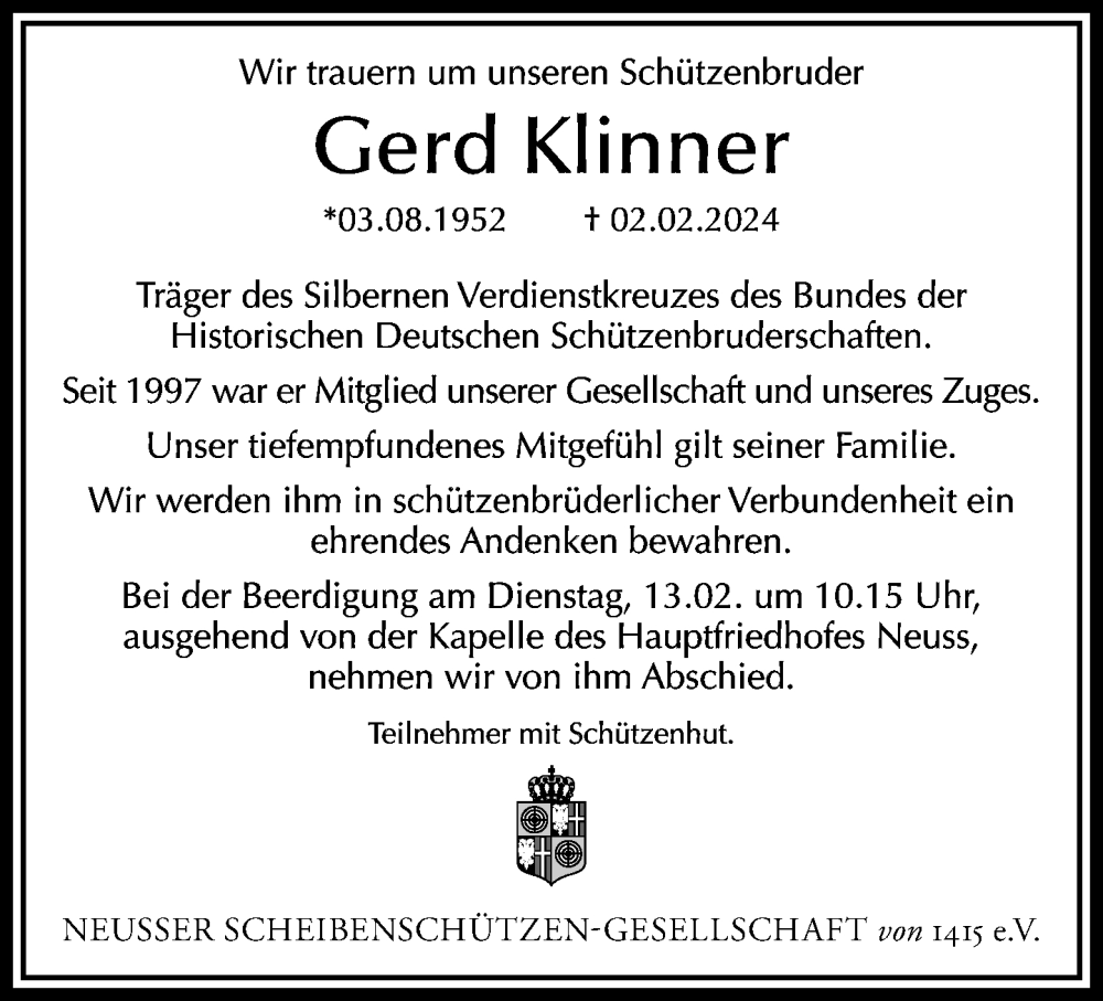  Traueranzeige für Gerd Klinner vom 10.02.2024 aus Rheinische Post