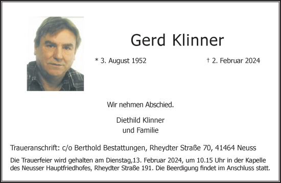 Traueranzeige von Gerd Klinner von Rheinische Post