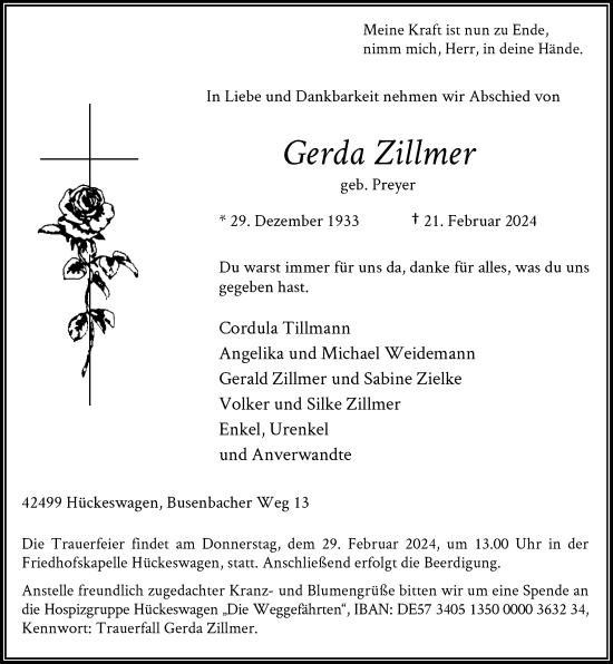 Traueranzeige von Gerda Zillmer von Rheinische Post