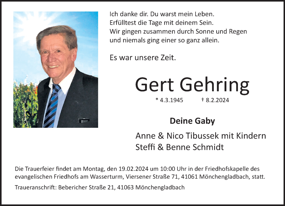  Traueranzeige für Gert Gehring vom 10.02.2024 aus Rheinische Post