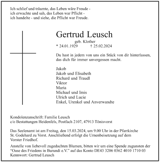 Traueranzeige von Gertrud Leusch von Rheinische Post