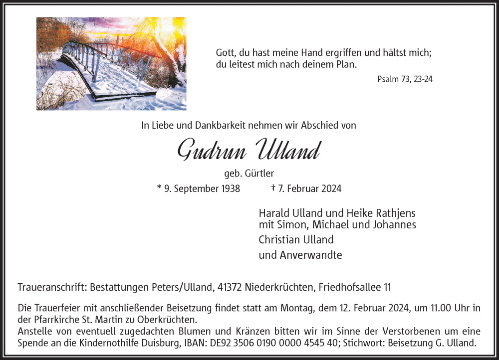  Traueranzeige für Gudrun Ulland vom 10.02.2024 aus Rheinische Post