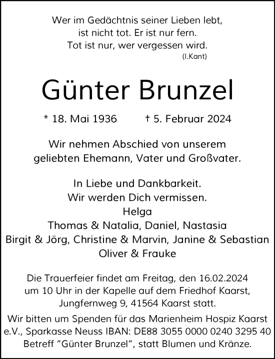 Traueranzeige von Günter Brunzel von Rheinische Post