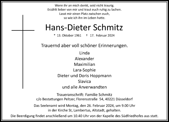 Traueranzeige von Hans-Dieter Schmitz von Rheinische Post