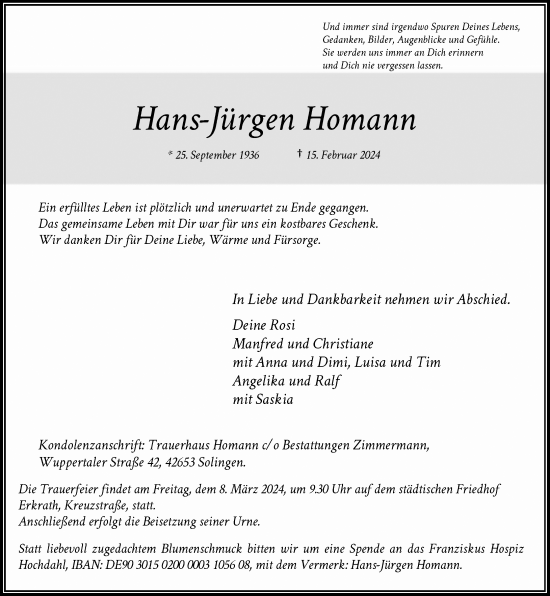 Traueranzeige von Hans-Jürgen Homann von Rheinische Post