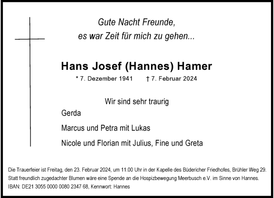 Traueranzeige von Hans Josef Hamer von Rheinische Post