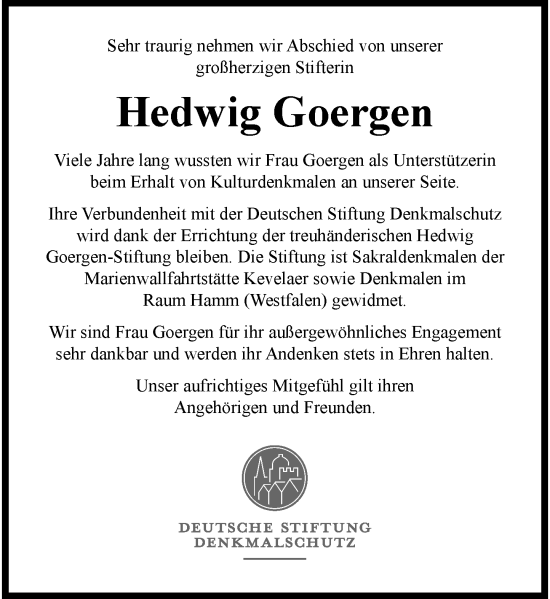 Traueranzeige von Hedwig Goergen von Rheinische Post