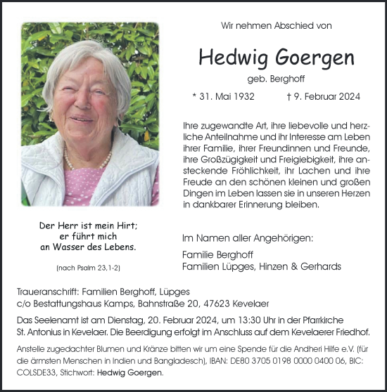 Traueranzeige von Hedwig Goergen von Rheinische Post