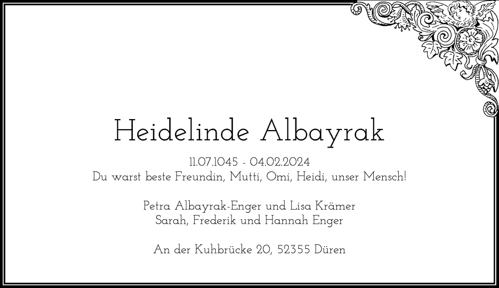  Traueranzeige für Heidelinde Albayrak vom 10.02.2024 aus Rheinische Post