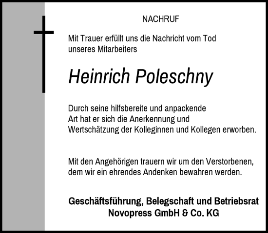 Traueranzeige von Heinrich Poleschny von Rheinische Post