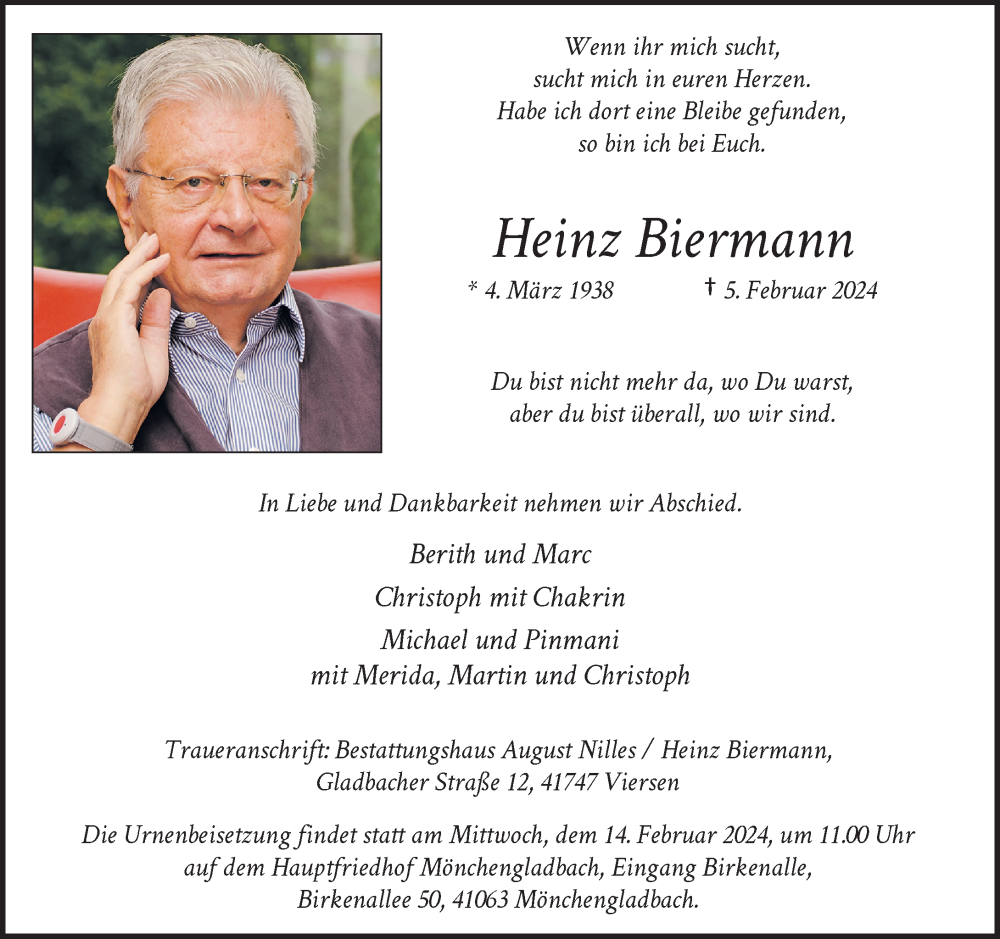  Traueranzeige für Heinz Biermann vom 10.02.2024 aus Rheinische Post