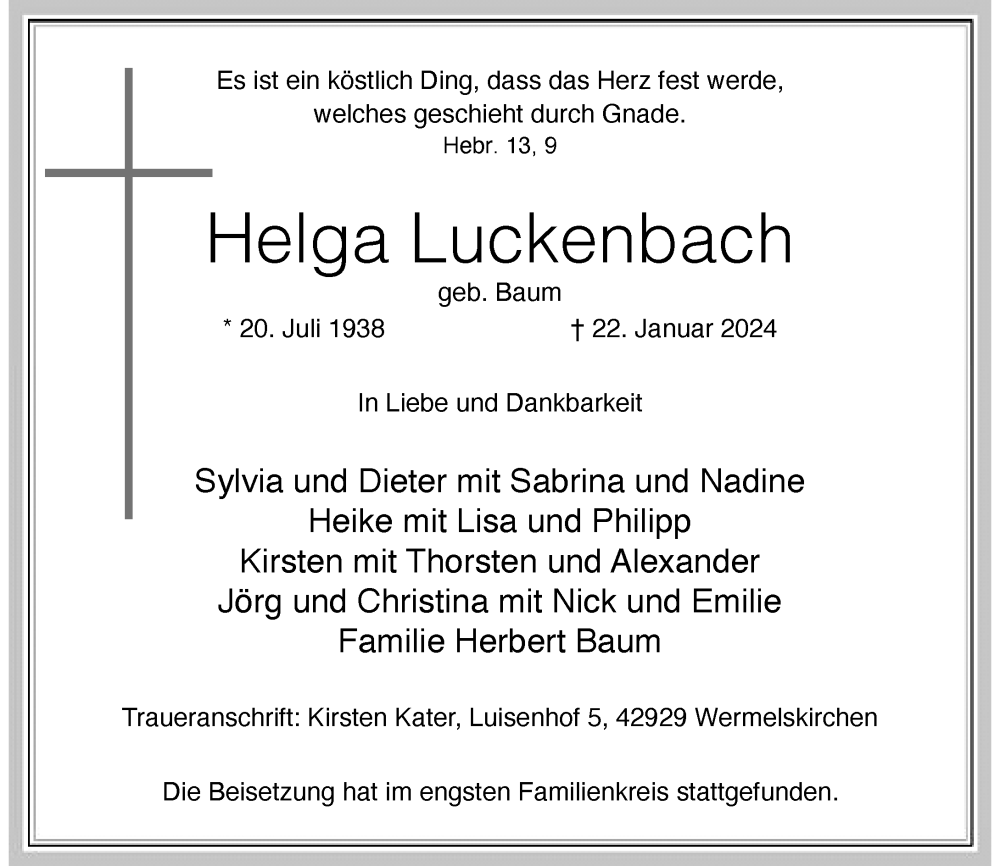  Traueranzeige für Helga Luckenbach vom 10.02.2024 aus Rheinische Post