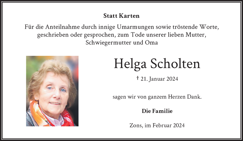  Traueranzeige für Helga Scholten vom 24.02.2024 aus Rheinische Post