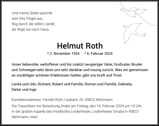 Traueranzeige von Helmut Roth von Rheinische Post