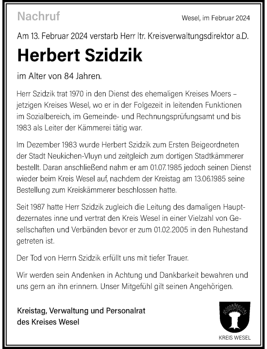 Traueranzeige von Herbert Szidzik von Rheinische Post