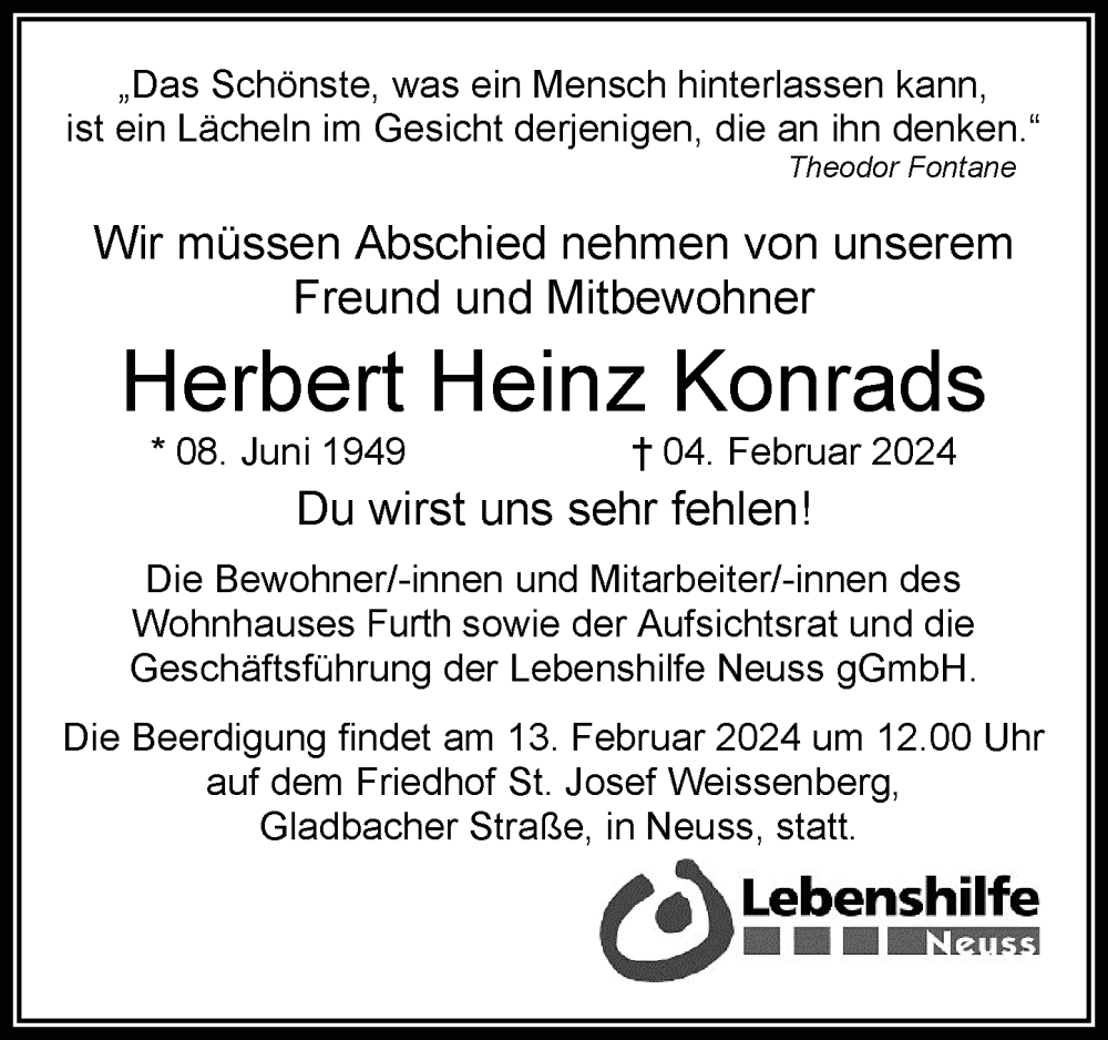  Traueranzeige für Herbert Heinz Konrads vom 08.02.2024 aus Rheinische Post