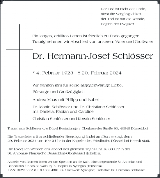 Traueranzeige von Hermann-Josef Schlösser von Rheinische Post