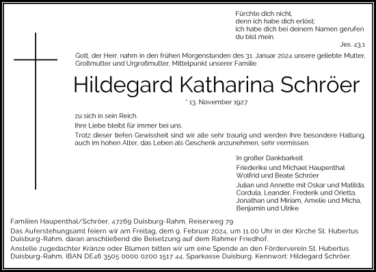 Traueranzeige von Hildegard Katharina Schröer von Rheinische Post