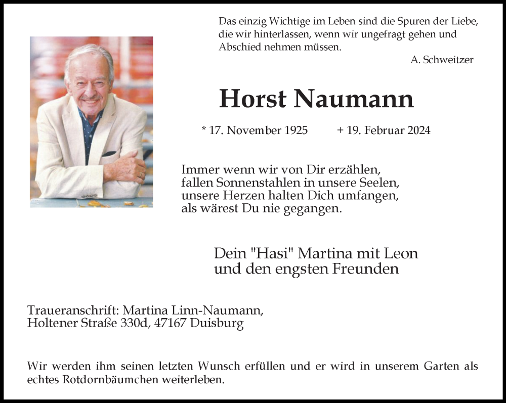  Traueranzeige für Horst Naumann vom 24.02.2024 aus Rheinische Post
