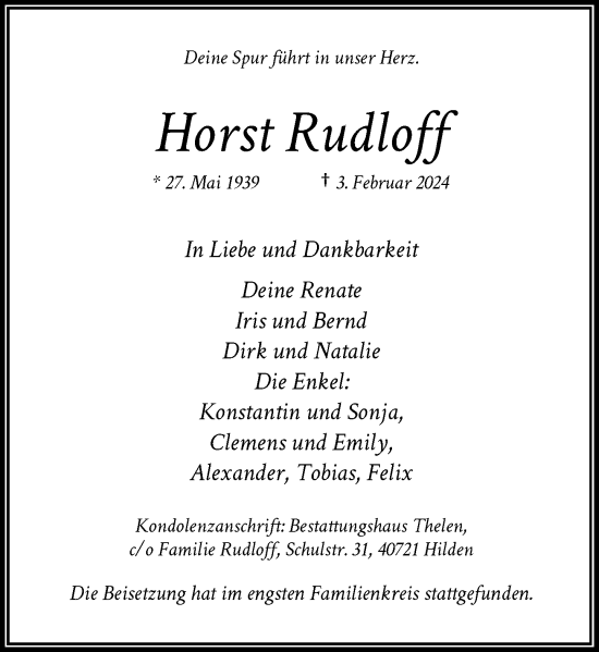 Traueranzeige von Horst Rudloff von Rheinische Post