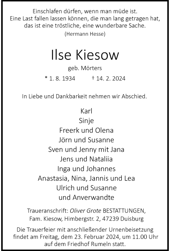 Traueranzeige von Ilse Kiesow von Rheinische Post