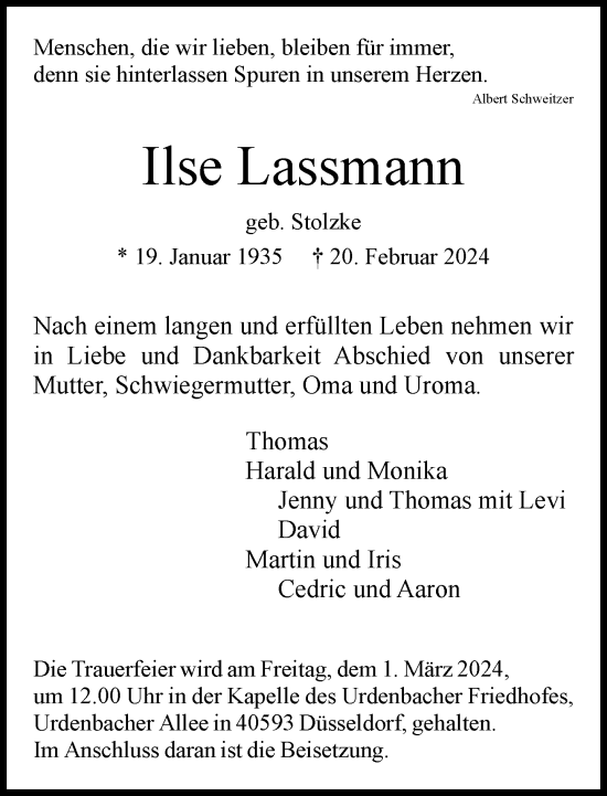Traueranzeige von Ilse Lassmann von Rheinische Post