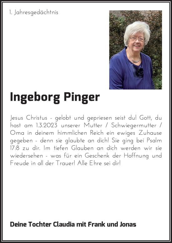 Traueranzeige von Ingeborg Pinger von Rheinische Post