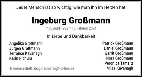 Traueranzeige von Ingeburg Großmann von Rheinische Post