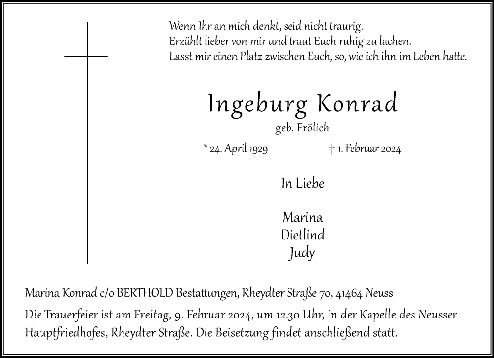  Traueranzeige für Ingeburg Konrad vom 03.02.2024 aus Rheinische Post