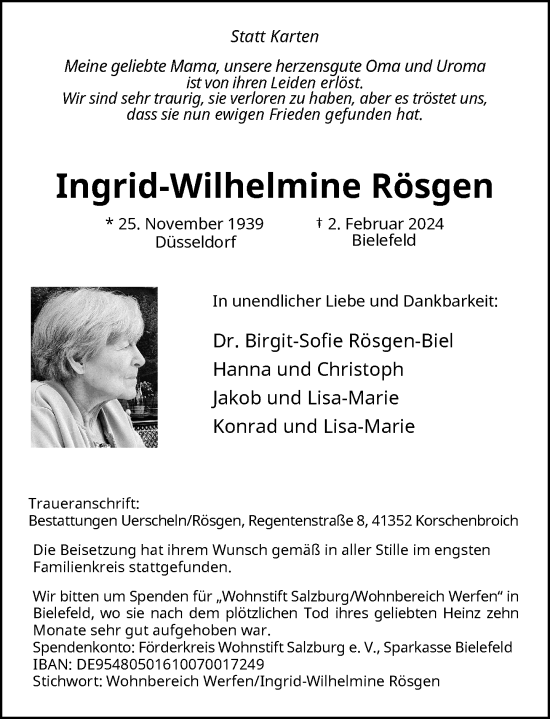 Traueranzeige von Ingrid-Wilhelmine Rösgen von Rheinische Post