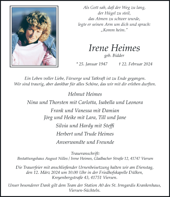 Traueranzeige von Irene Heimes von Rheinische Post