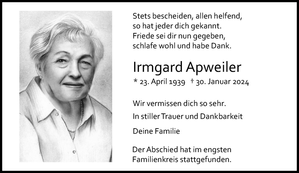  Traueranzeige für Irmgard Apweiler vom 10.02.2024 aus Rheinische Post