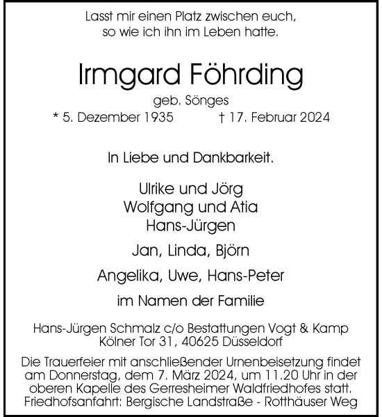 Traueranzeige von Irmgard Föhrding von Rheinische Post