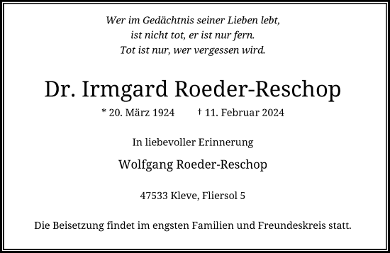 Traueranzeige von Irmgard Roeder-Reschop von Rheinische Post