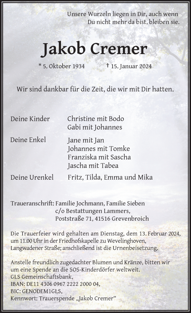  Traueranzeige für Jakob Cremer vom 03.02.2024 aus Rheinische Post