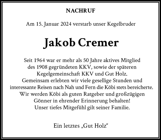 Traueranzeige von Jakob Cremer von Rheinische Post