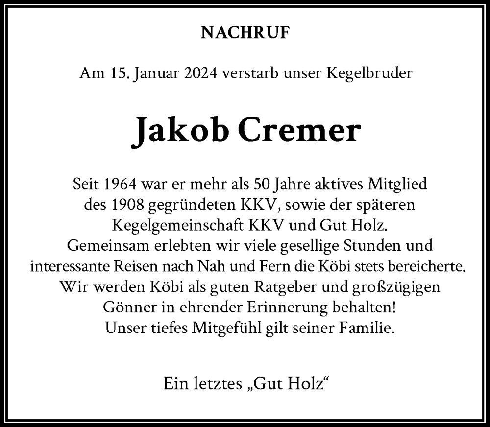  Traueranzeige für Jakob Cremer vom 10.02.2024 aus Rheinische Post