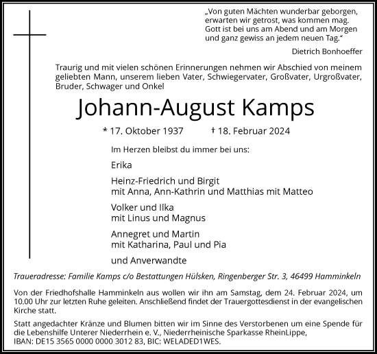 Traueranzeige von Johann-August Kamps von Rheinische Post