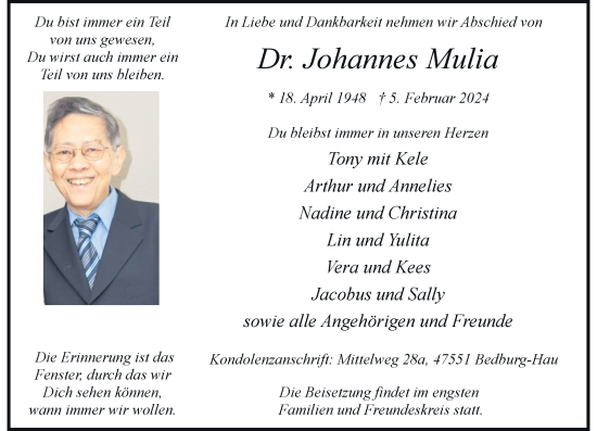 Traueranzeige von Johannes Mulia von Rheinische Post