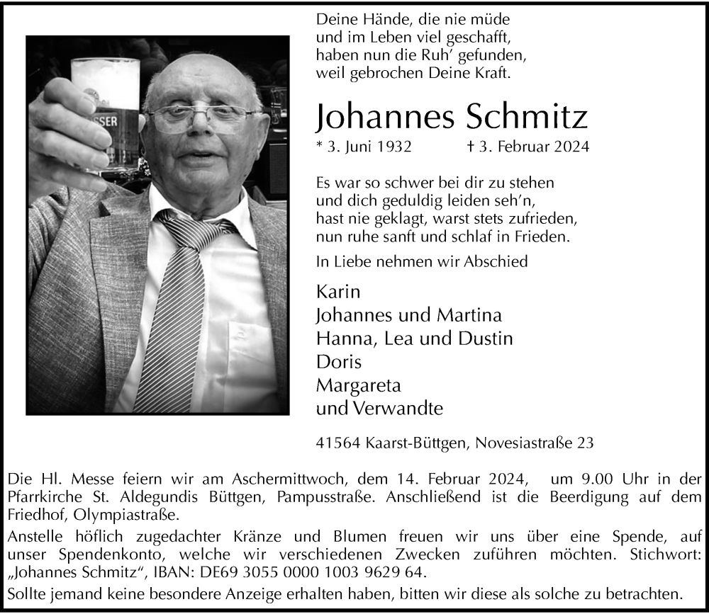 Traueranzeige für Johannes Schmitz vom 10.02.2024 aus Rheinische Post