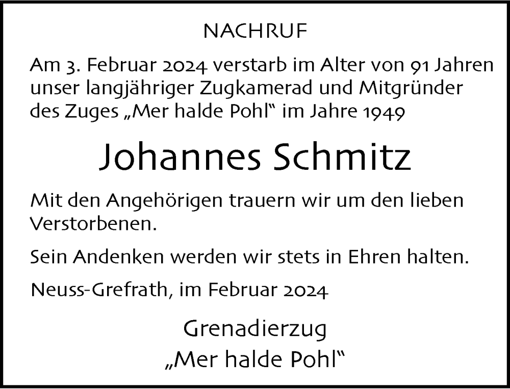  Traueranzeige für Johannes Schmitz vom 10.02.2024 aus Rheinische Post
