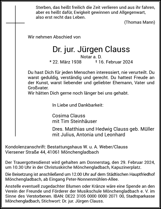 Traueranzeige von Jürgen Clauss von Rheinische Post