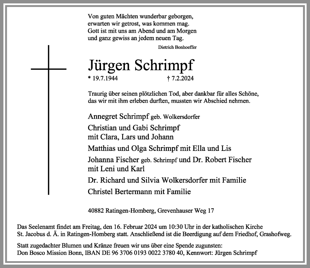  Traueranzeige für Jürgen Schrimpf vom 10.02.2024 aus Rheinische Post