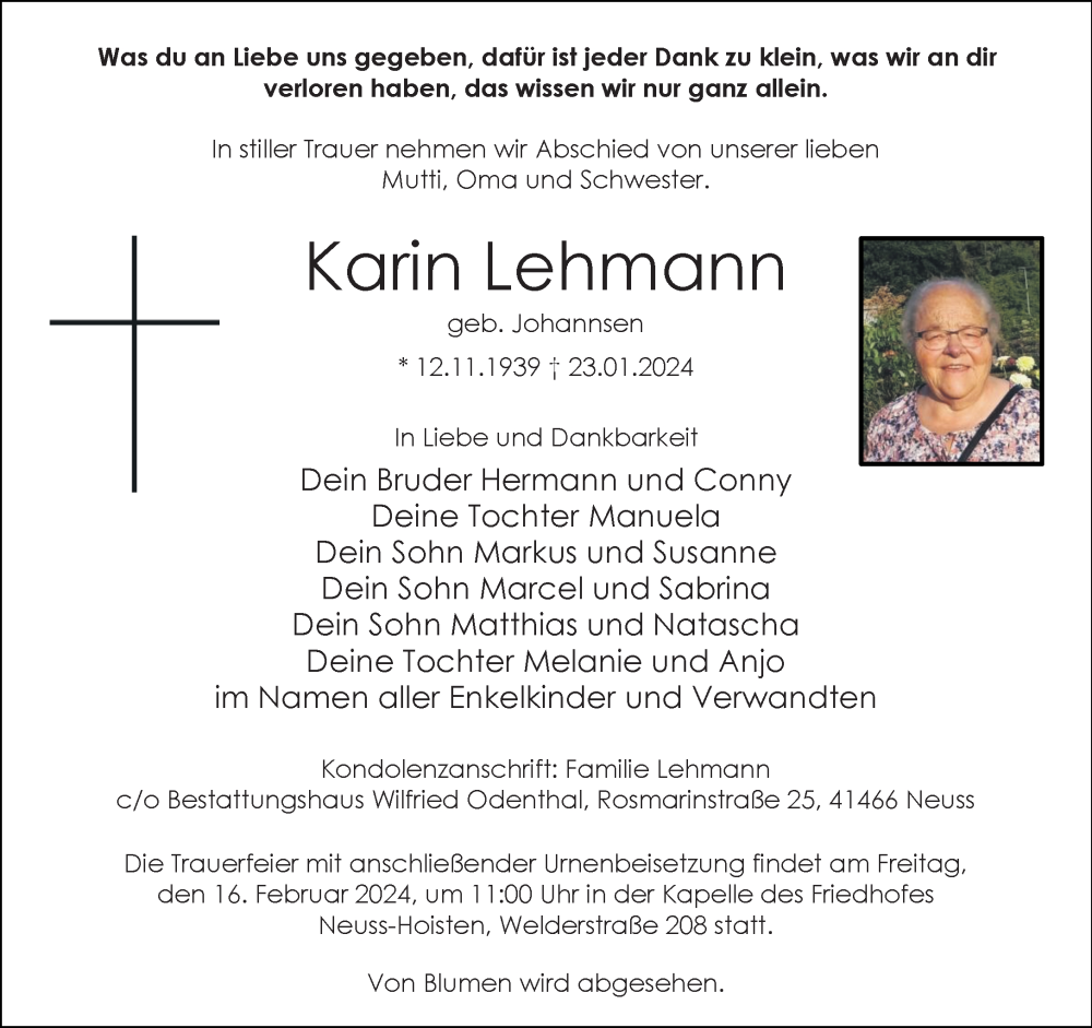  Traueranzeige für Karin Lehmann vom 10.02.2024 aus Rheinische Post
