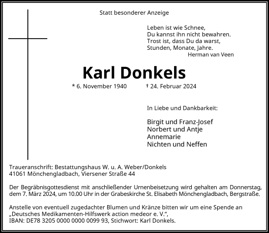 Traueranzeige von Karl Donkels von Rheinische Post