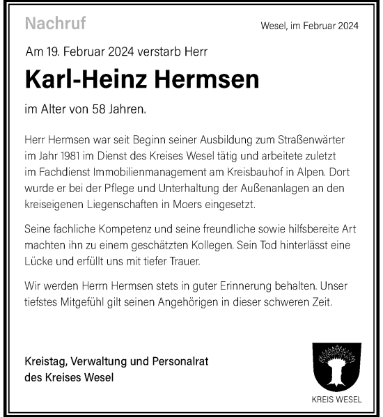 Traueranzeige von Karl-Heinz Hermsen von Rheinische Post