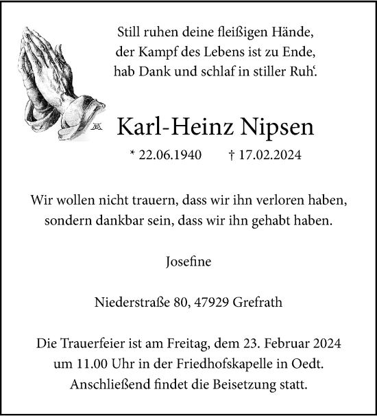 Traueranzeige von Karl-Heinz Nipsen von Rheinische Post