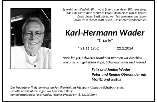 Traueranzeige von Karl-Hermann Wader von Rheinische Post