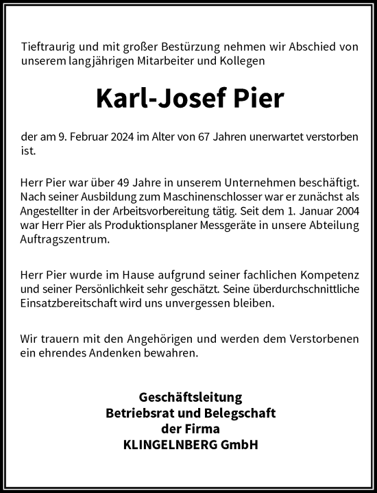 Traueranzeige von Karl-Josef  Pier von Rheinische Post